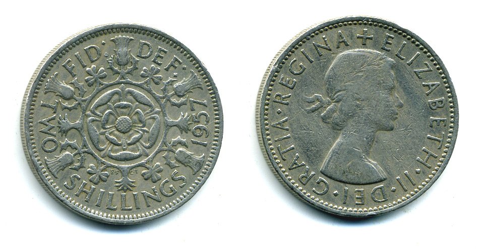 Великобритания 2 шиллинга (флорин) 1957 Елизавета II (1952-2022) KM 906, Spink 4146 медно-никель 540-534