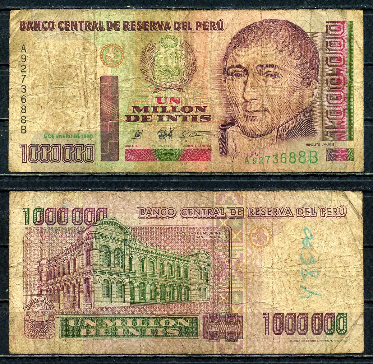 Перу 1000000 инти 1990 Pick 148 бумага 6278-32-2-1