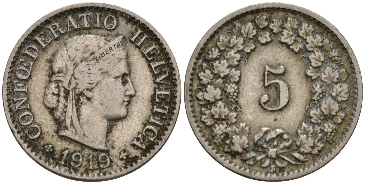 Швейцария 5 раппенов 1910 B KM 26 медно-никель 4189-534