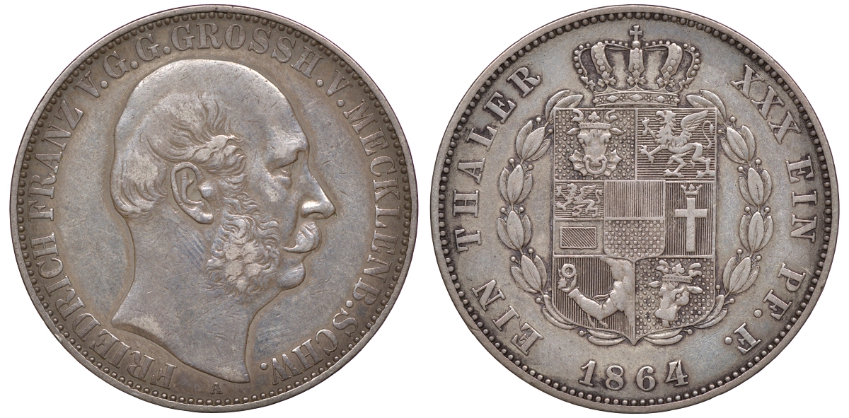 Мекленбург-Шверин 1 талер 1864 A, Фридрих Франц II (1842-1883) KM A310, Thun 215, Dav. 728, AKS 38, Jaeger 58 серебро 00-822-09