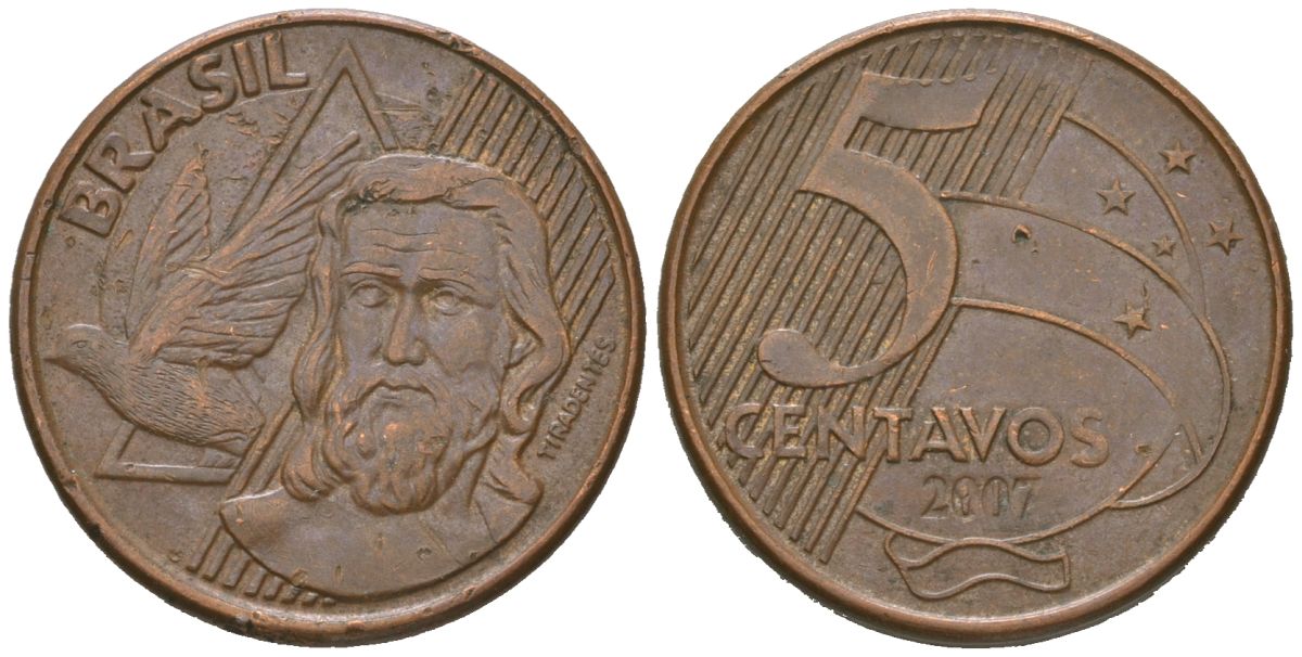 Бразилия 5 сентаво 2007 KM 648, Schon 156 сталь плакированная медью 4621-357