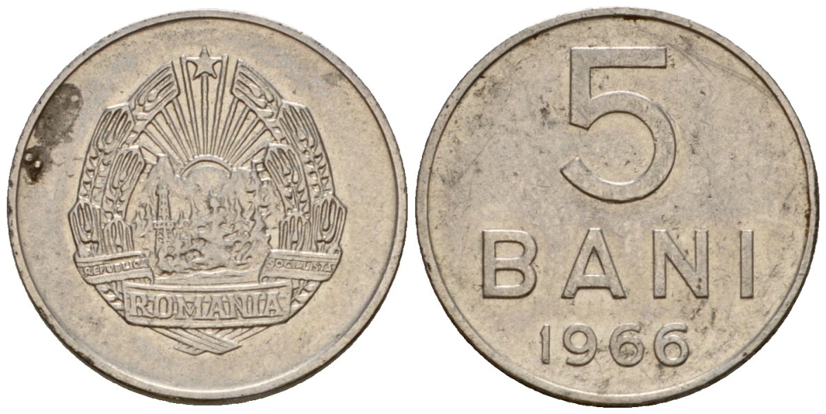Румыния 5 бани 1966 год тип KM 92 сталь плакированная никелем 4602-246