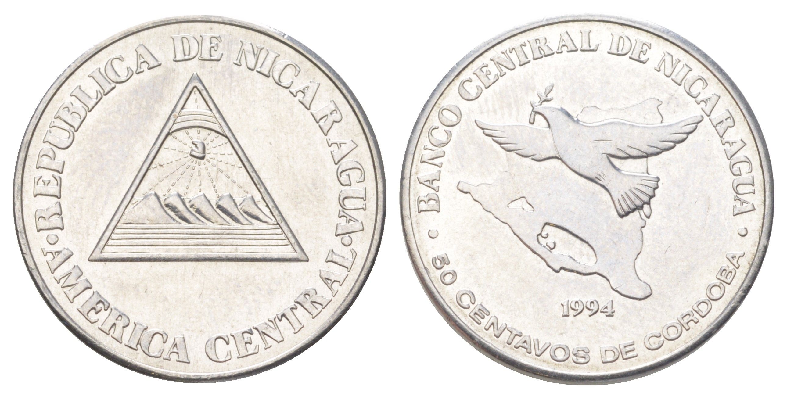 Никарагуа 50 сентаво 1994 голубь мира KM 83 хромированная сталь UNC 4625-223