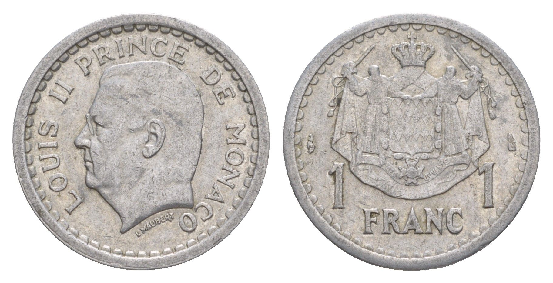 Монако 1 франк 1943 Луи II (1922-1949) KM 120 алюминий 4646-936