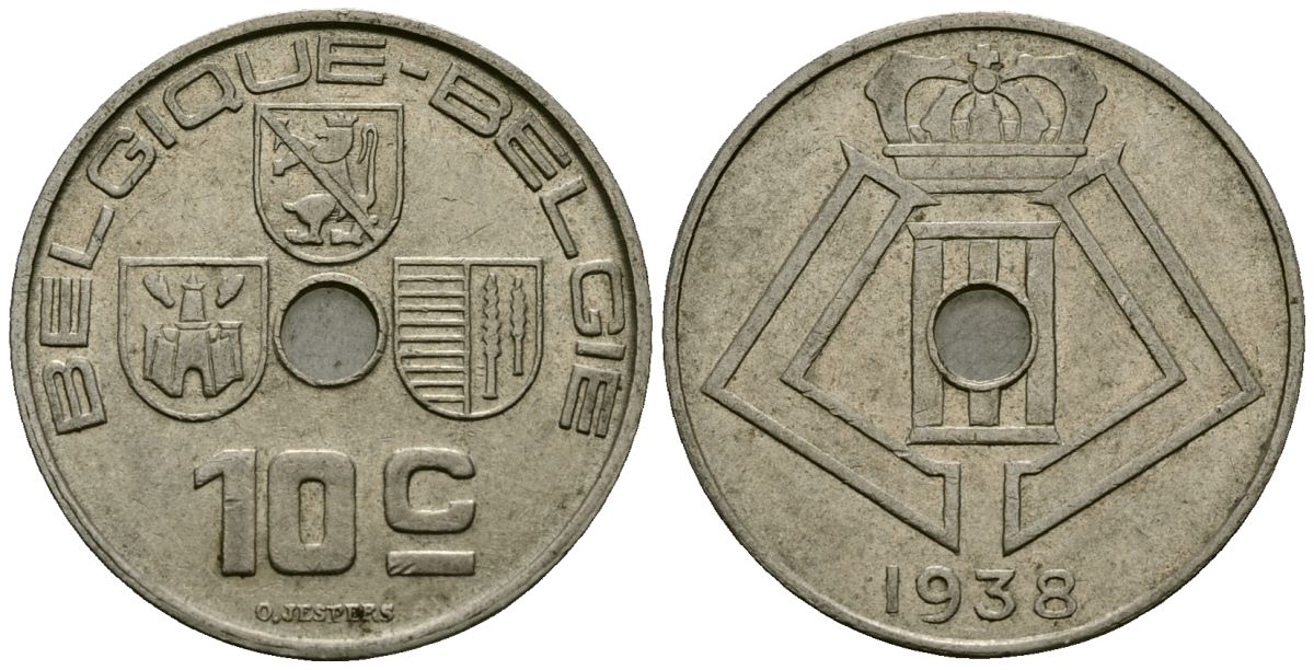 Бельгия 10 сантимов 1938 Belgique - Belgie KM 112 никель латунь 4121-243