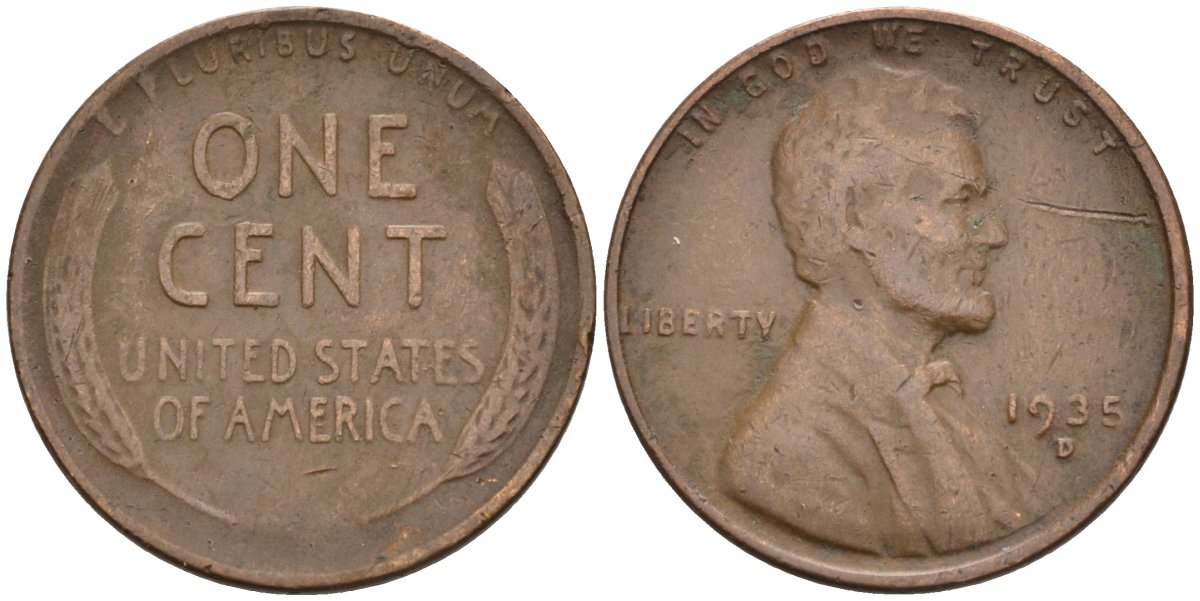 США 1 цент 1935 D, Линкольн KM 132 бронза 4580-365