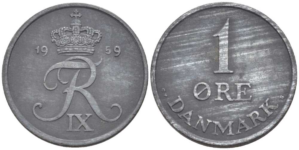 ДАНИЯ 1 ЭРЕ 1959 С; S, ФРЕДЕРИК IX (1947-1972) KM 839.2 цинк 4387-354