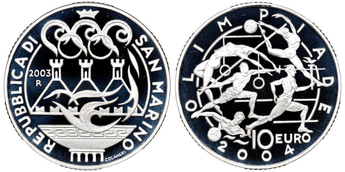 Сан-Марино набор 5 и 10 евро 2003 Олимпийские игры в Афинах 2004, виды спорта, в оригинальной коробке, с сертификатом KM 453, 454 серебро PROOF 6-5-1-02