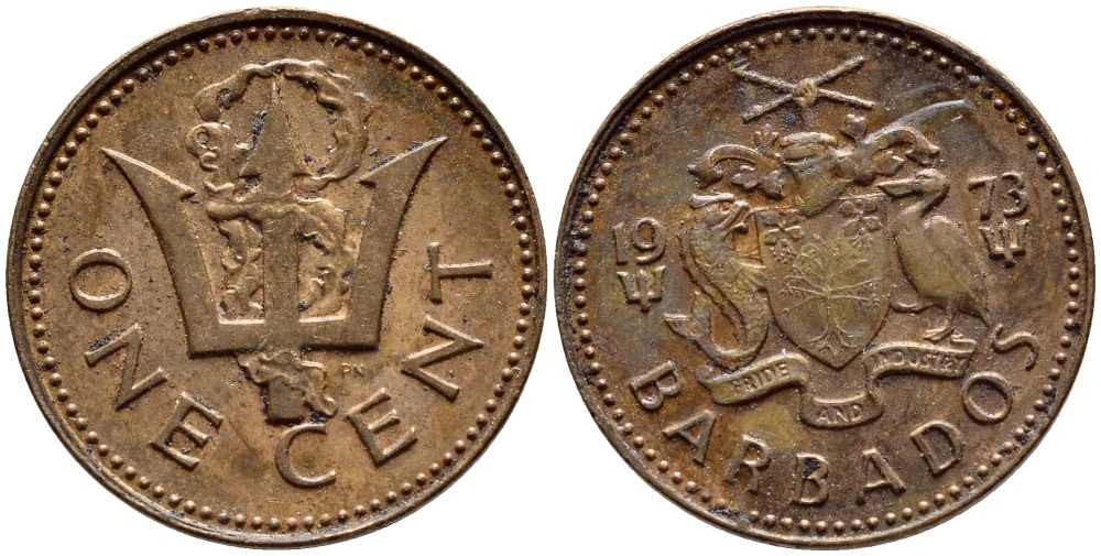 Барбадос 1 цент 1973 сломанный трезубец Британии KM 10 бронза 4396-1239
