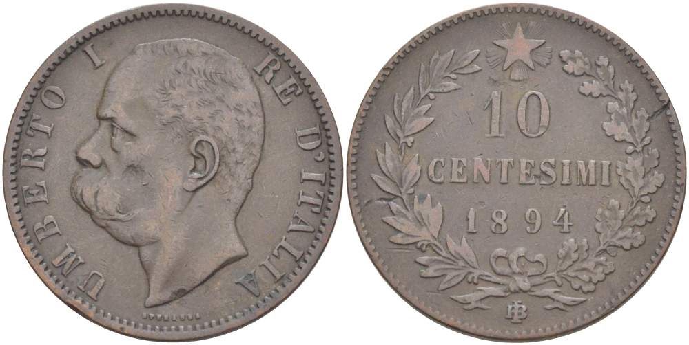 Италия 10 чентезимо 1894 B/I, Умберто I (1878-1900) KM 27.1 медь 4526-1015
