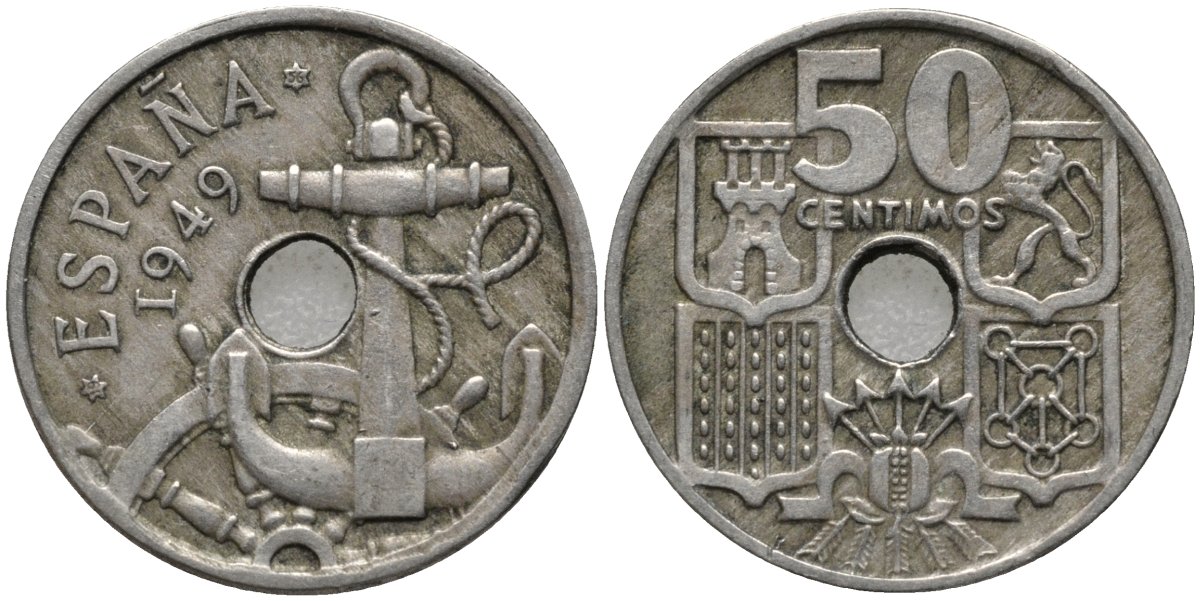 Испания 50 сентимо 1949 (56) Франко (1939-1975), морская атрибутика KM 777 медно-никель 4579-834