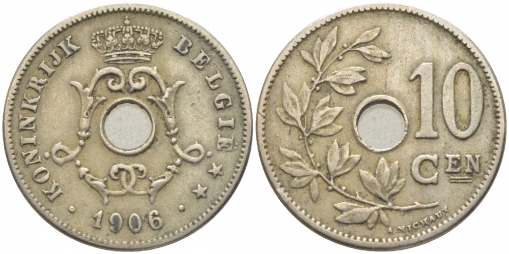 БЕЛЬГИЯ 10 САНТИМОВ 1906 BELGIE KM 53 медно-никель 3856-435