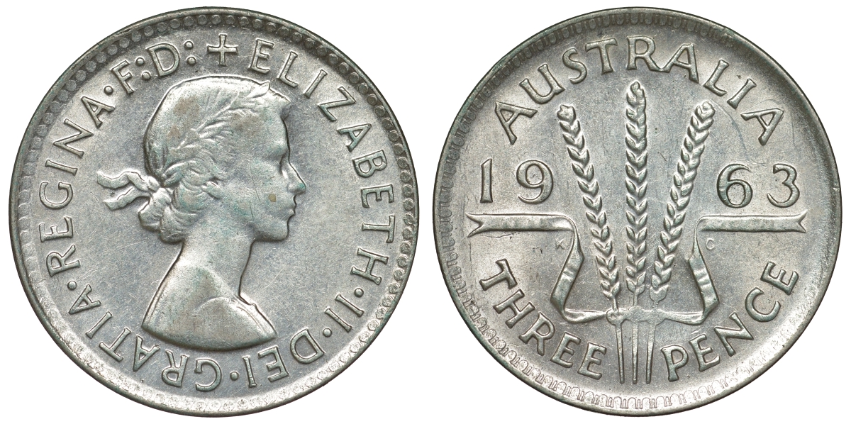 Австралия 3 пенса 1963 m, Елизавета II (1952-2022) KM 57 серебро 71-917