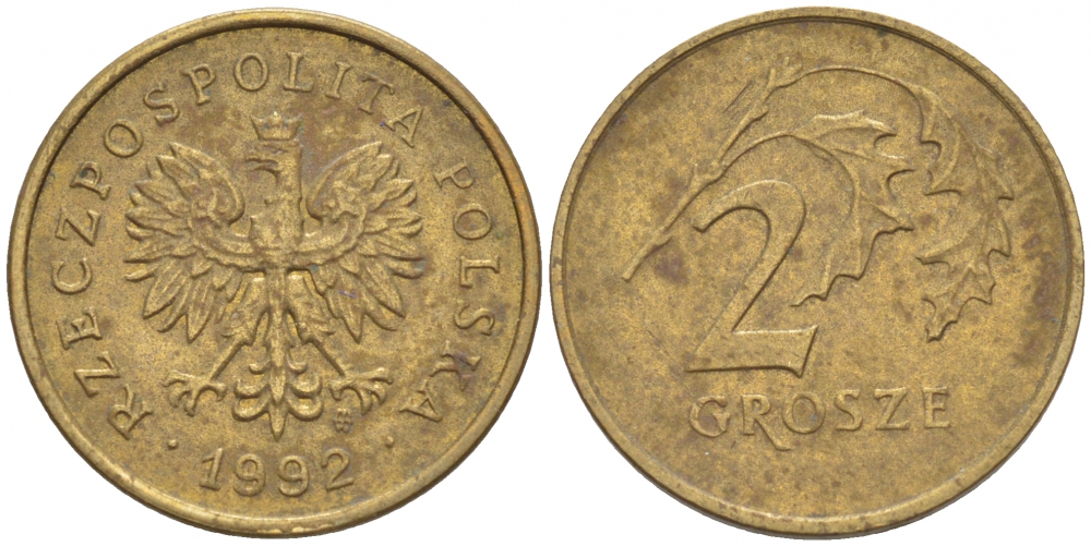ПОЛЬША 2 ГРОША 1992 MW KM 277 латунь 112-1149