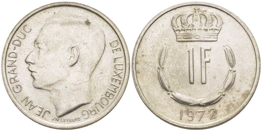 ЛЮКСЕМБУРГ 1 ФРАНК 1972 ВЕЛИКИЙ ГЕРЦОГ ЖАН KM 55 медно-никель 4390-1113