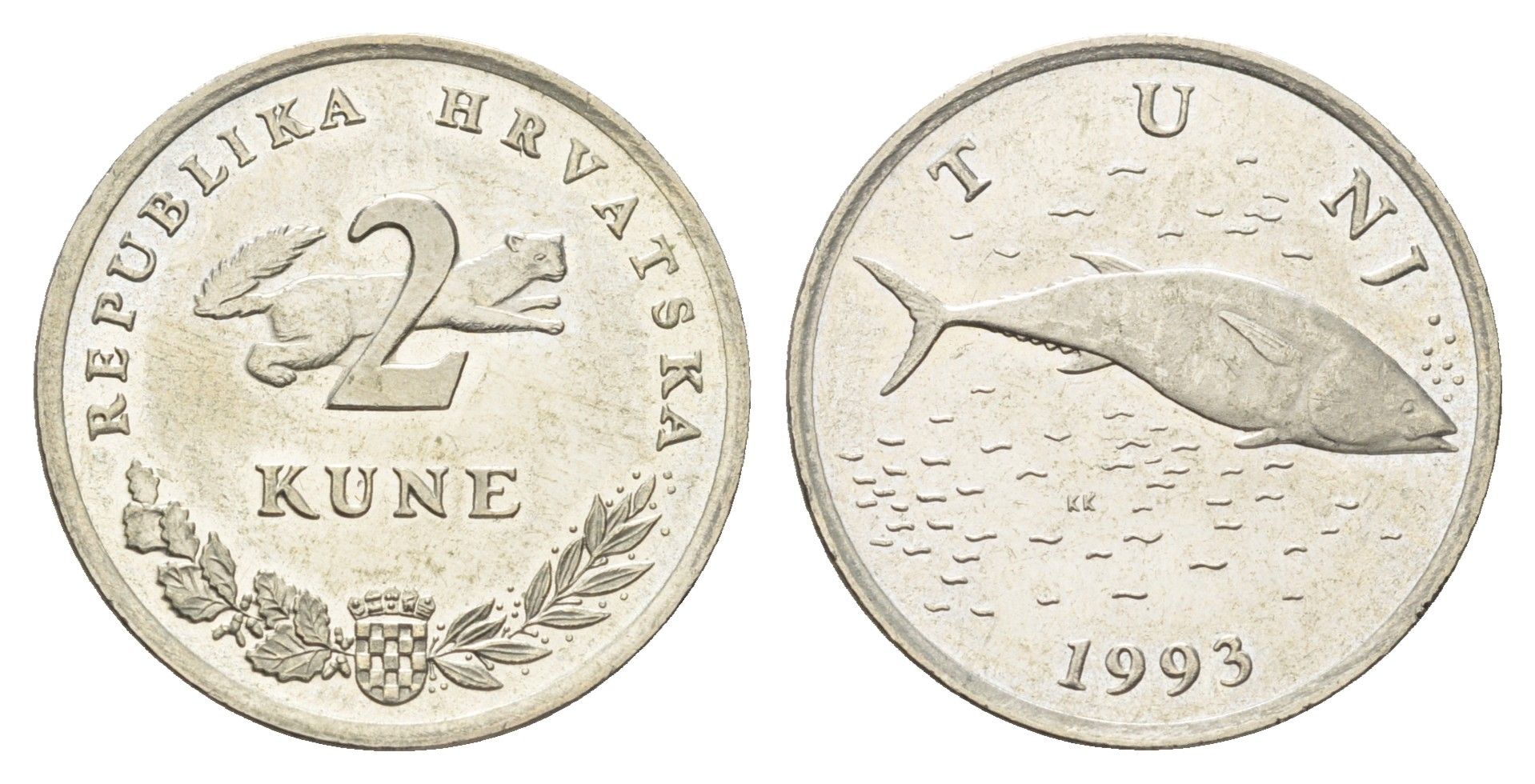Хорватия 2 куны 1993 тунец, нечетный год KM 10 медь цинк никель  UNC  4660-411