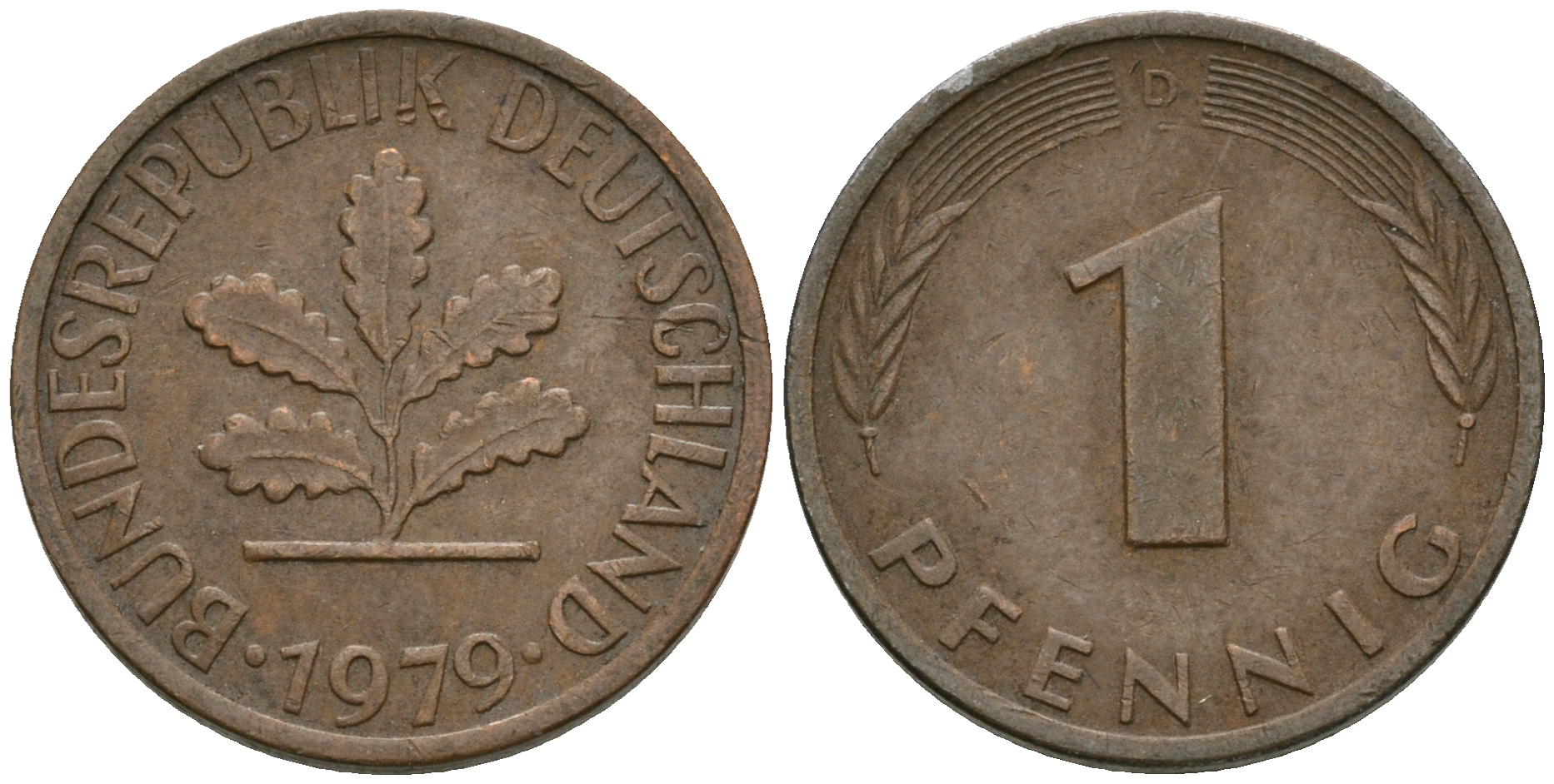 ФРГ 1 пфенниг 1979 D KM 105, J.380 сталь плакированная медью 08-1325