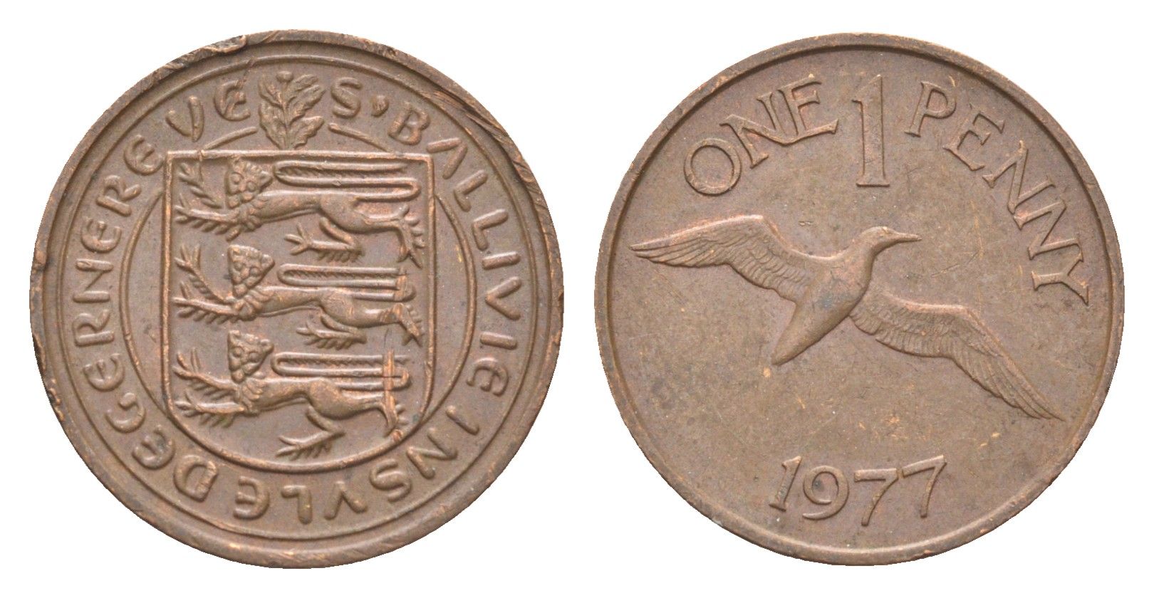 Гернси 1 пенни 1977 Елизавета II (1952-2022), северная олуша в полете KM 27 бронза 4702-749