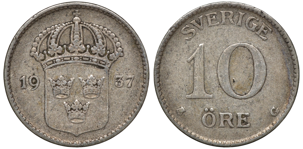 Швеция 10 эре 1937 G, Густав V (1907-1950) KM 780 серебро 4179-625