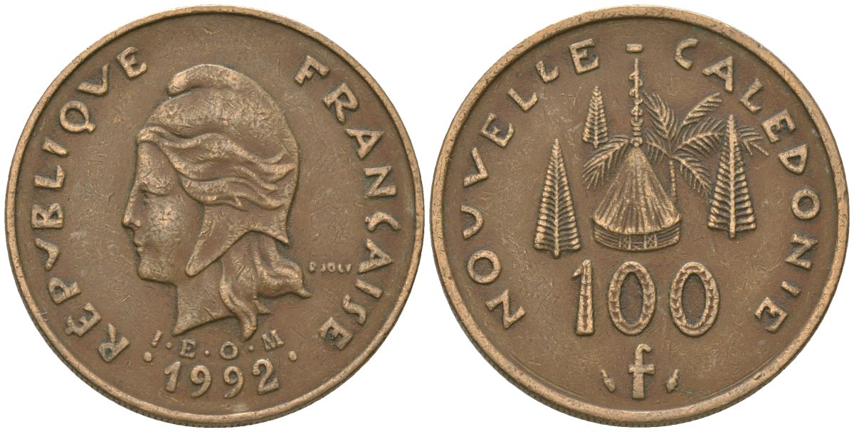 Французская Новая Каледония 100 франков 1992 хижина среди сосен и пальм, (IEOM) KM 15, Schoen 16, Lec 137 никель бронза 88-815