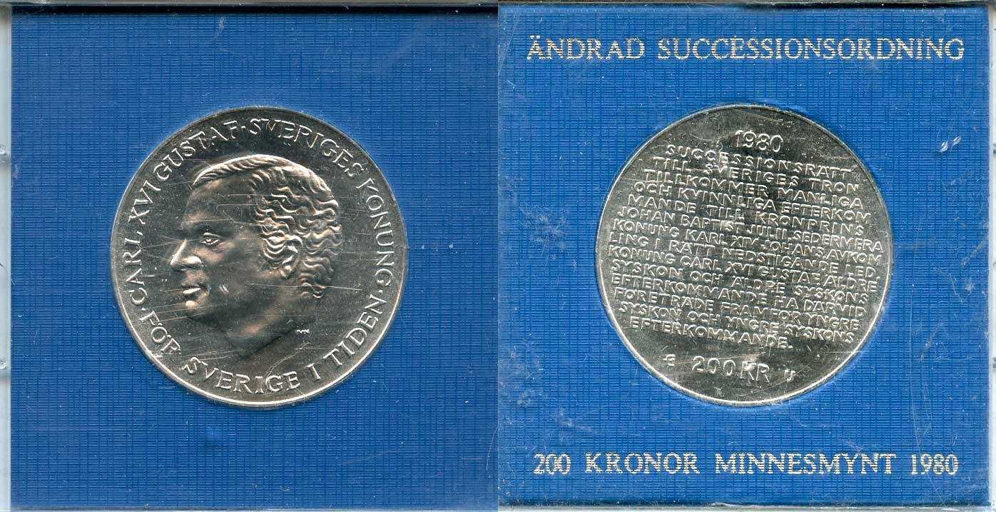 Швеция 200 крон 1980 U, Карл XVI Густав (1973- ), шведский королевский свод законов о престолонаследии, в оригинальной пластиковой упаковке KM 860 серебро PROOFLIKE 1089-2-13