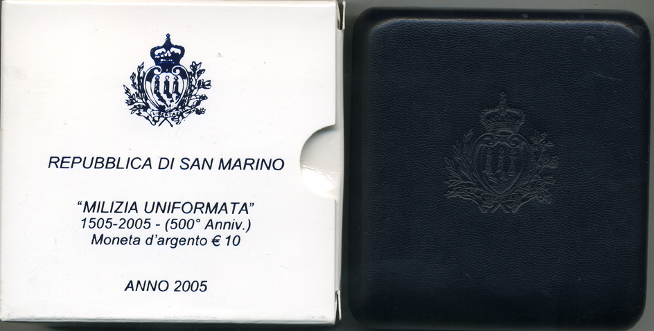 Сан-Марино 10 евро 2005 милиция, карабинеры, в оригинальной коробке, с сертификатом KM 344 серебро PROOF 7-1-60