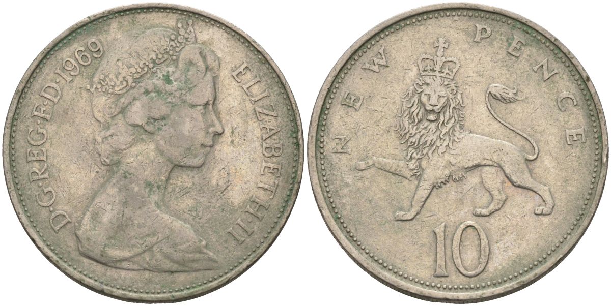 Великобритания 10 пенсов 1969 Елизавета II (1952-2022) KM 912, Spink 4231 (F1) медно-никель 4117-916