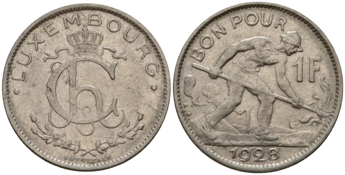 Люксембург 1 франк 1928 сталевар, Шарлотта (1918-1964) KM 35 никель 4603-1054