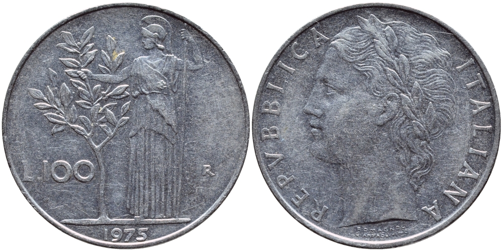 ИТАЛИЯ 100 ЛИР 1975 R, АФИНА KM 96.1 нержавеющая сталь 4394-613