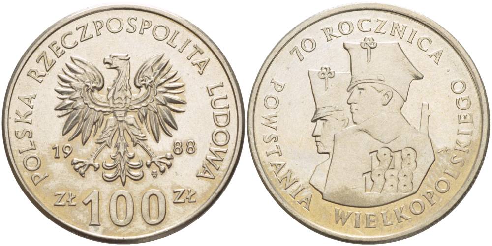 ПОЛЬША 100 ЗЛОТЫХ 1988 MW, 70 ЛЕТ ВЕЛИКОПОЛЬСКОГО ВОССТАНИЯ KM 182 медно-никель 4542-1032