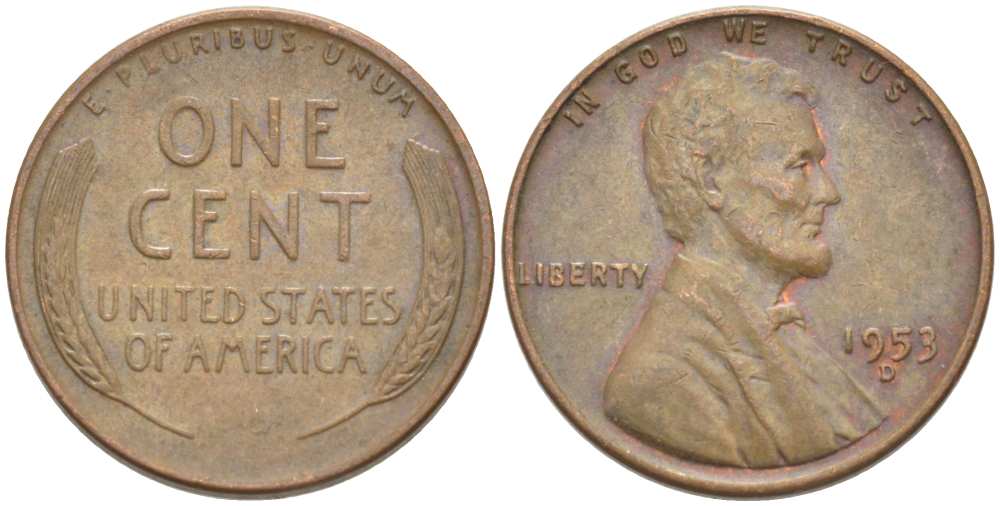 США 1 ЦЕНТ 1953 D, ЛИНКОЛЬН KM А132 медь цинк 218-626