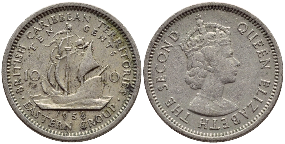 Британские Восточно-Карибские территории 10 центов 1956 Елизавета II (1952-2022), парусник KM 5 медно-никель 4387-342