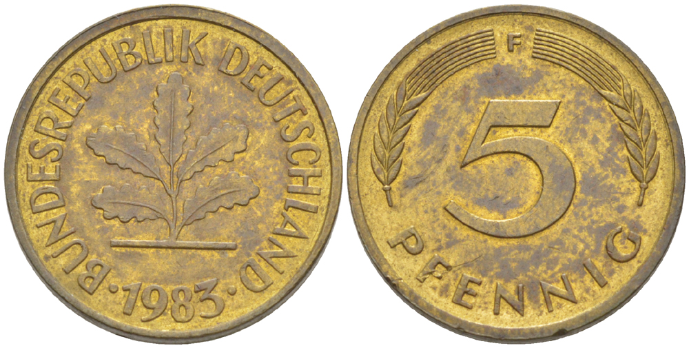 ФРГ 5 ПФЕННИГОВ 1983 F KM 107, J. 382 сталь плакированная латунью 4181-1017