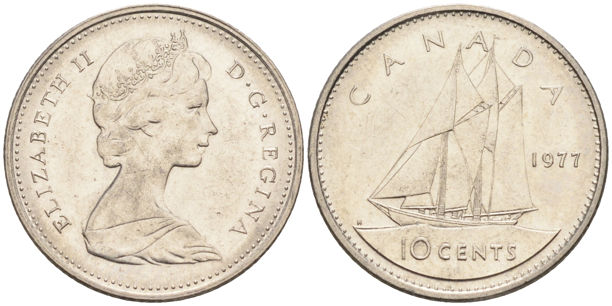 Канада 10 центов 1977 Елизавета II (1952-2022), парусник KM 77.1 никель  4147-349