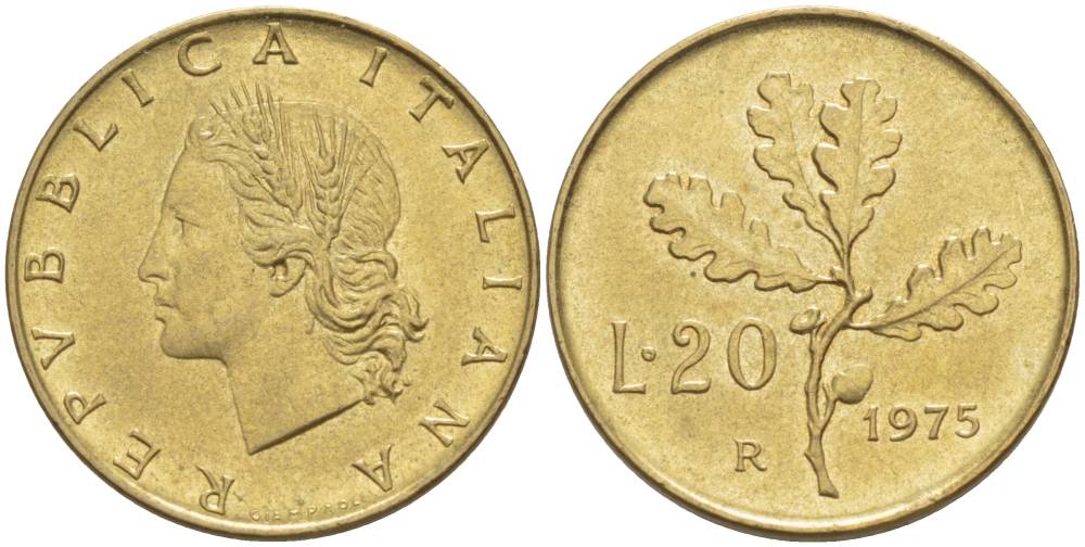 ИТАЛИЯ 20 ЛИР 1975 R, ДУБОВЫЕ ЛИСТЬЯ KM 97.2 алюминиевая бронза 4551-256