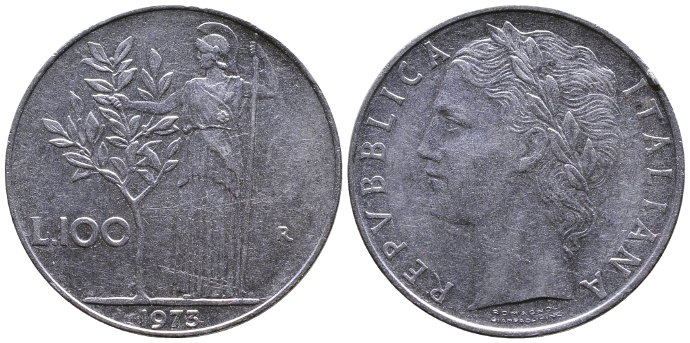 ИТАЛИЯ 100 ЛИР 1973 R, АФИНА KM 96.1 сталь 3334-935