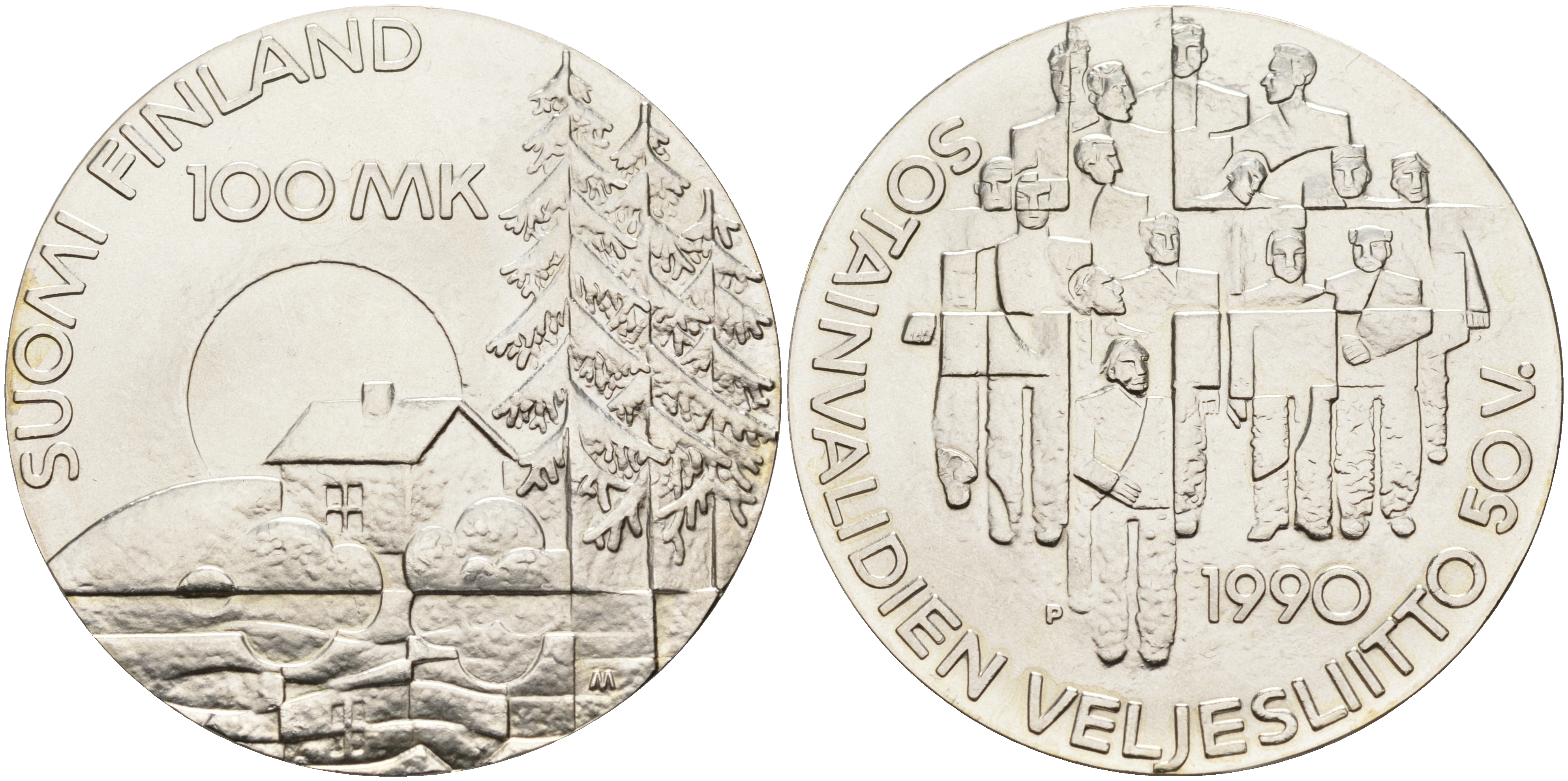 Финляндия 100 марок 1990 50 лет ассоциации ветеранов войны KM 67 серебро UNC 1525-1344