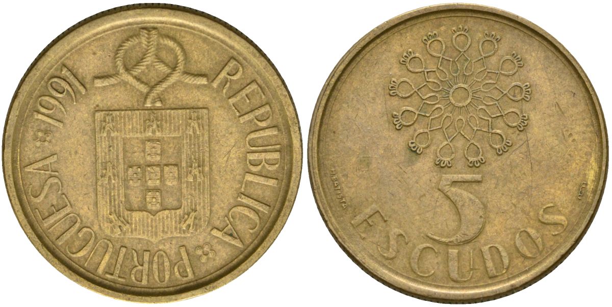 Португалия 5 эскудо 1991 KM 632 никель латунь 4573-1111