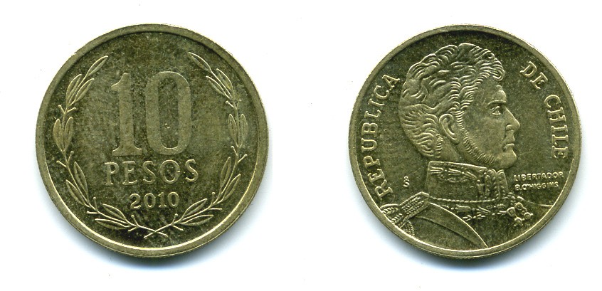ЧИЛИ 10 ПЕСО 2010 ГЕНЕРАЛ БЕРНАРДО О ХИГГИНС KM 228.2 никель-бронза 37-841