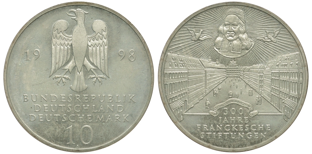ФРГ 10 марок 1998 A, 300 лет благотворительному фонду францисканцев KM 194 серебро UNC 413-5633