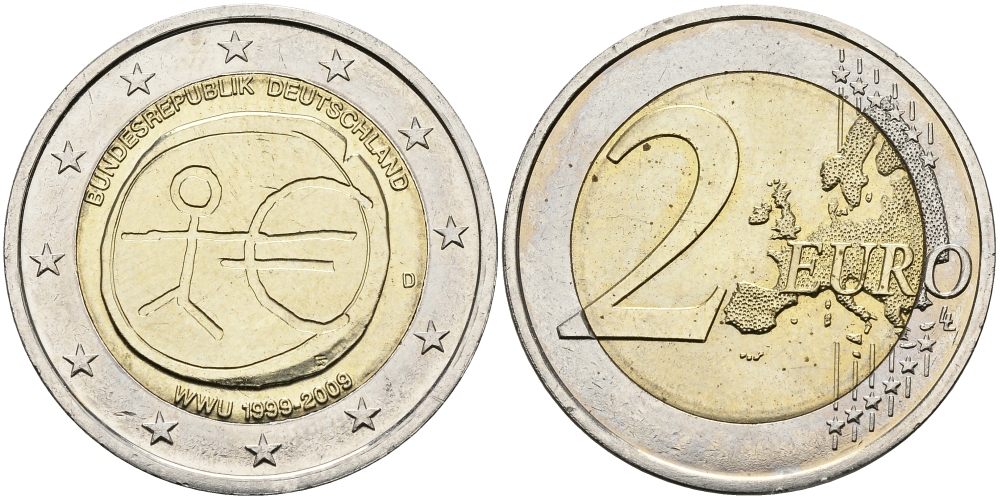 ФРГ 2 евро 2009 D, 10 лет монетарной политики ЕС (EMU) и введения евро KM 277 биметалл UNC M44-17