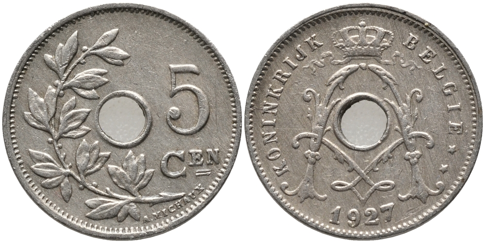 БЕЛЬГИЯ 5 САНТИМОВ 1927 BELGIE KM 67 медно-никель 76-137
