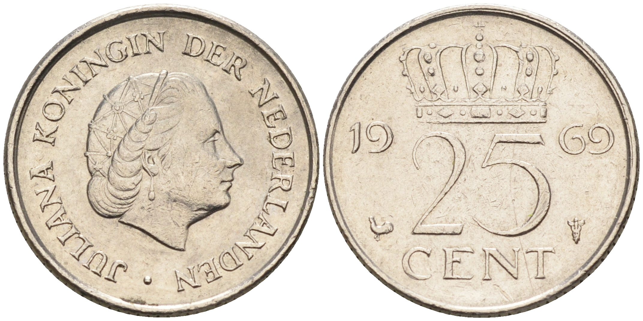 Нидерланды 25 центов 1969 Юлиана (1949-1980) KM 183 никель    4174-656