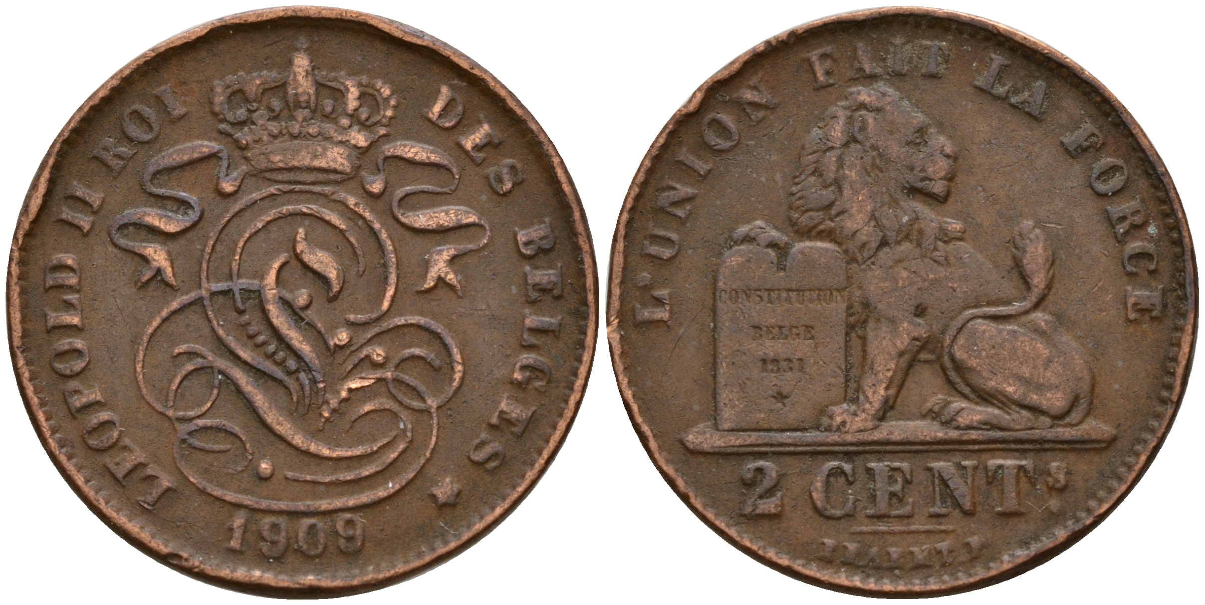 Бельгия 2 сантима 1909 Belges KM 64 медь    4187-414