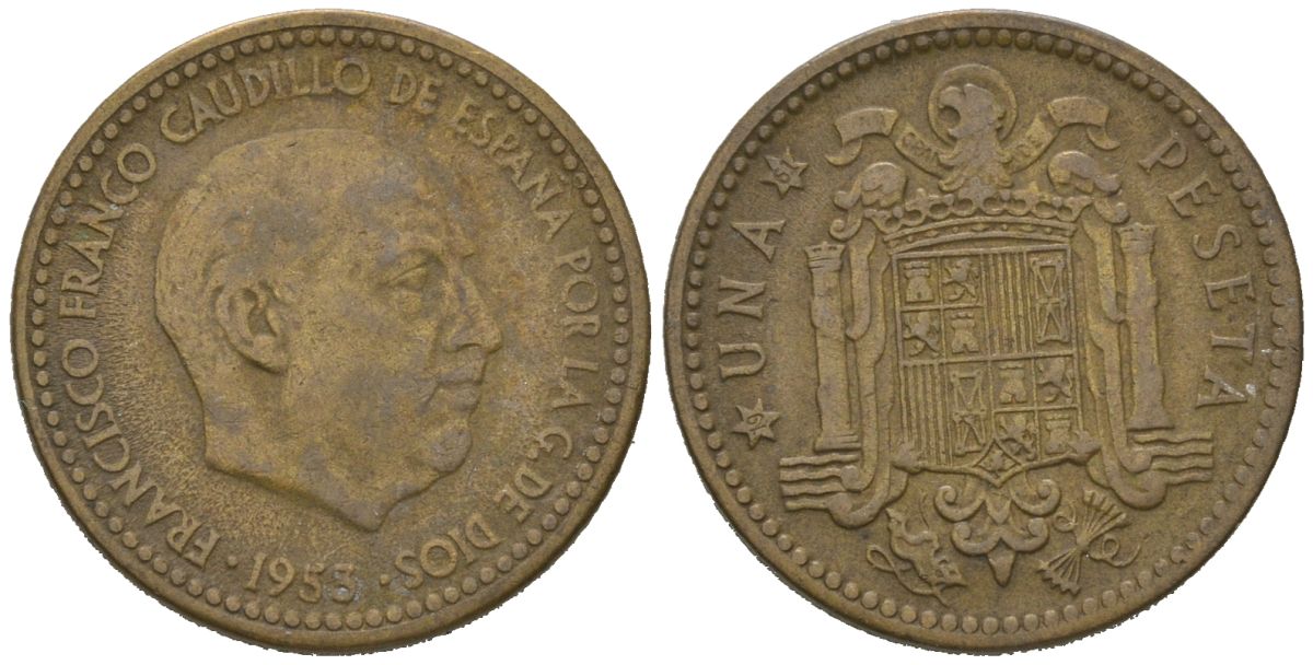 Испания 1 песета 1953 (63) Франсиско Франко (1939-1975) KM 775 алюминиевая бронза 4621-442