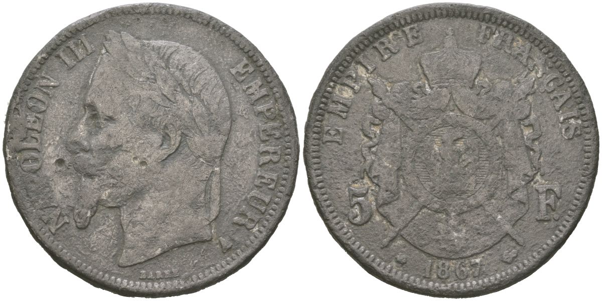 Бельгия КОПИЯ 5 франков 1867 белый металл 1066-16-22