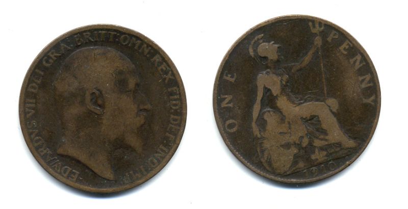 Великобритания 1 пенни 1910 Эдуард VII (1901-1910) KM 794.2, Spink 3990 бронза 47-736