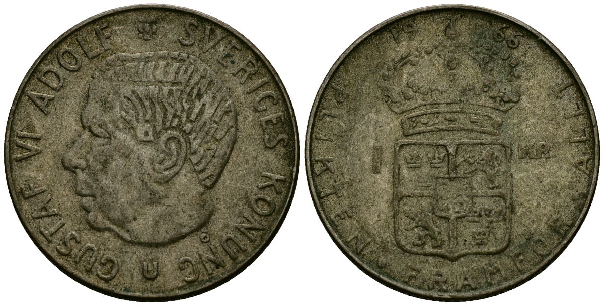 Швеция 1 крона 1966 U, Густав VI Адольф (1950-1973) KM 826 серебро 4551-511