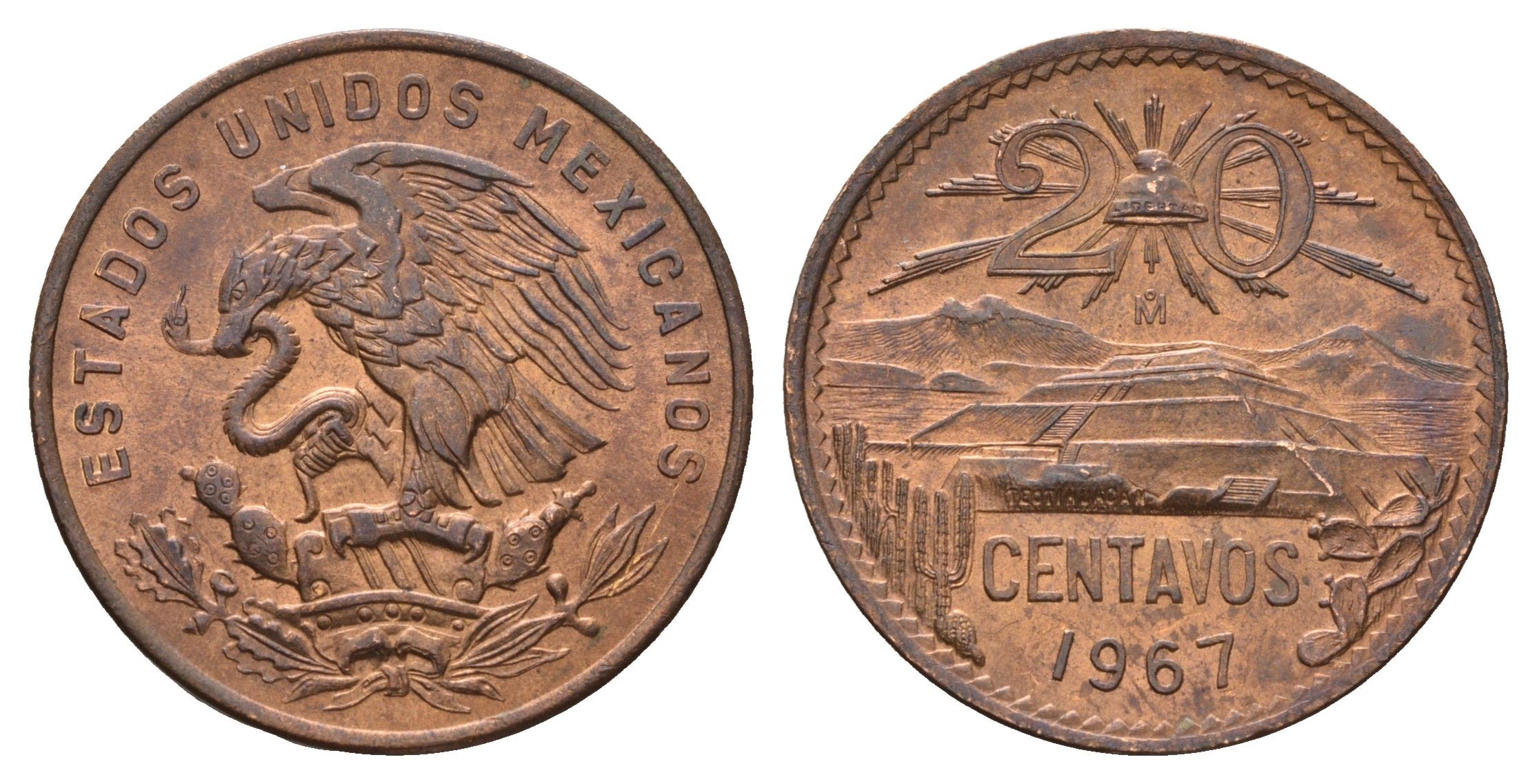 Мексика 20 сентаво 1967 KM 440 бронза UNC 217-321