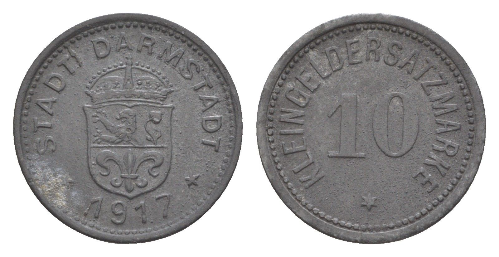 Дармштадт 10 пфеннигов 1917 Funck 88.1A, Men05 4934.1, Men18 6167.1 цинк 4643-946